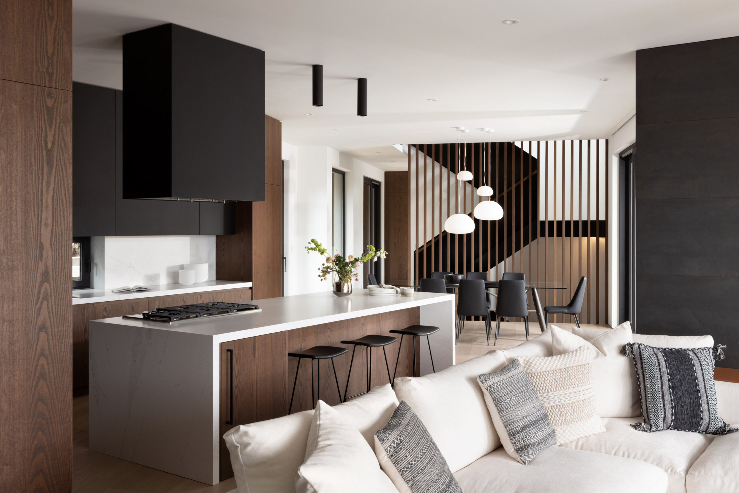 mountain modern living room - overview of kitchen & dining, custom whistler home, modern mountain architecture