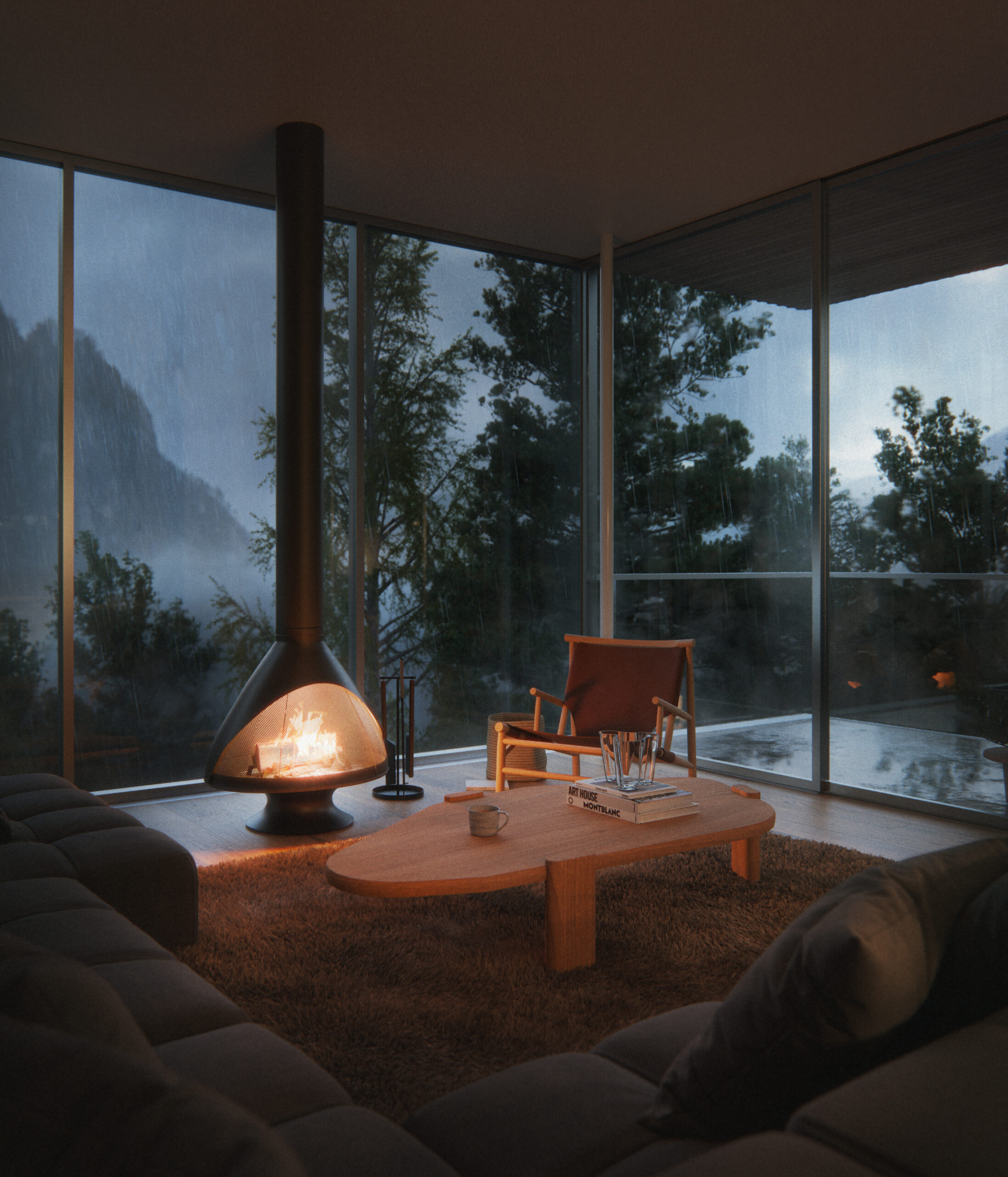 Interior with open fireplace and full height glazing