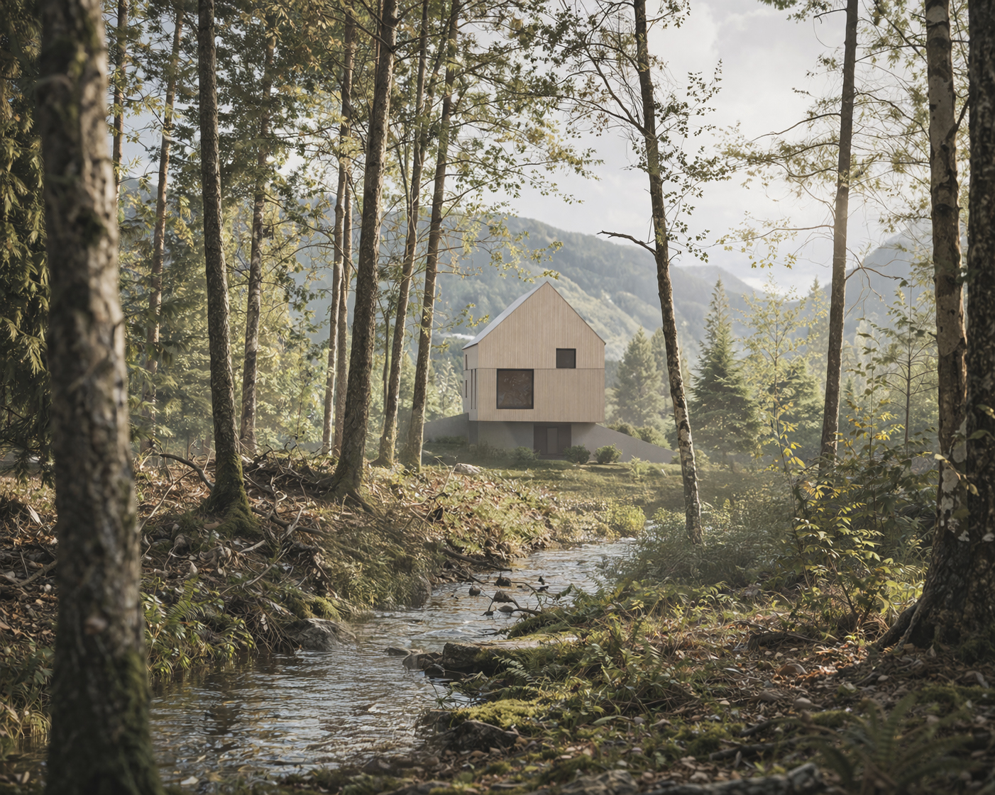 single family passive house in the squamish forest, a river cuts across the property and trees frame the home