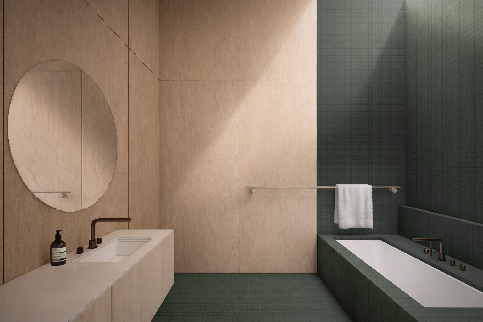walls clad in natural oak and forest green tile, gentle glow of the sun filters through the skylight above