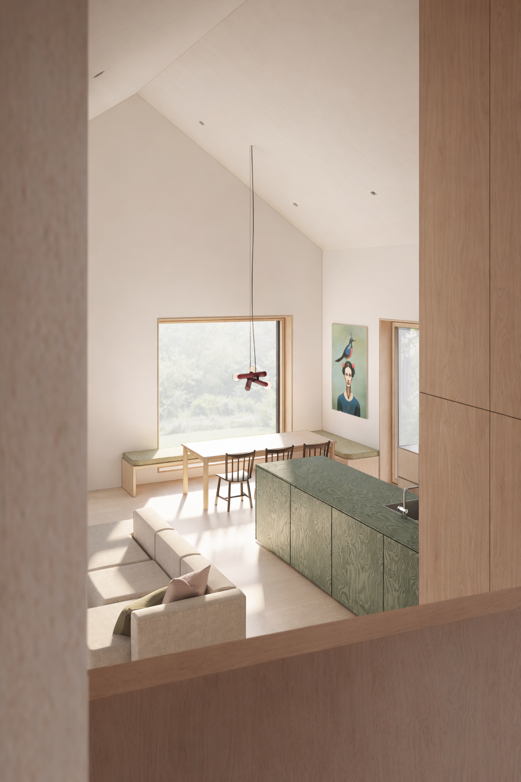 looking down on the dining, living & kitchen space from the staircase above