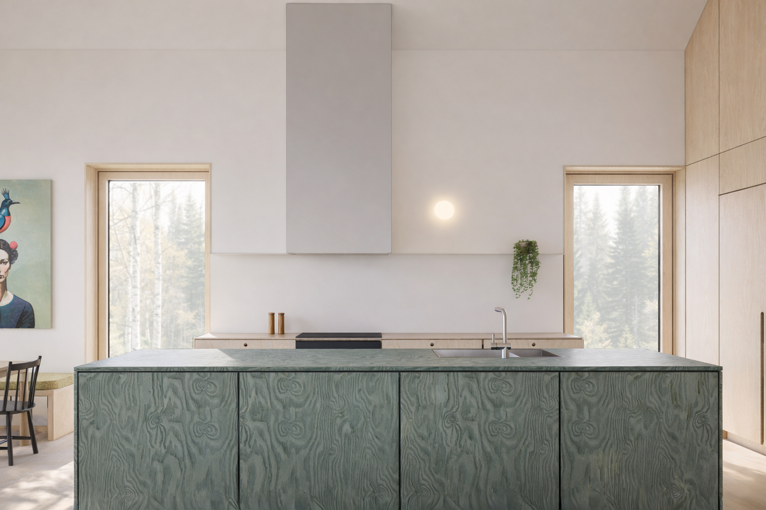 a minimal kitchen elevation, two windows frame the views beyond, a green island grounds the space