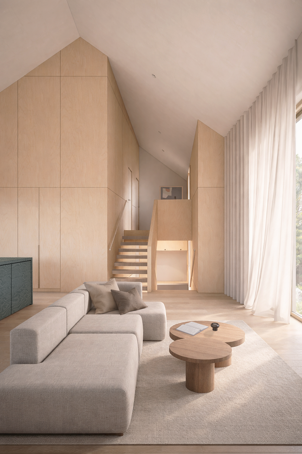 a double height living room with vaulted ceiling, walls clad in natural oak millwork